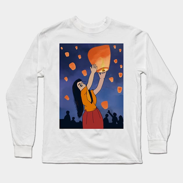 Girl with Chinese lantern Long Sleeve T-Shirt by Eveline D’souza